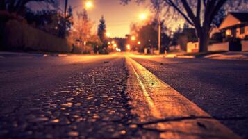 A street at night with a street light in the background photo
