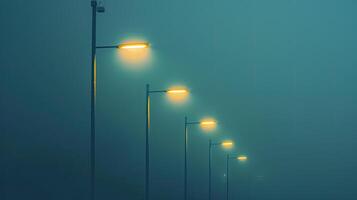 A row of street lights in the fog photo