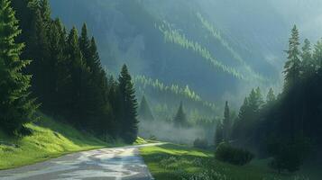 A road in the mountains with trees and grass photo