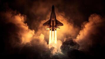 A rocket is taking off into the night sky photo