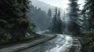 A road in the woods with trees and water photo