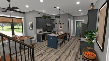 A rendering of a kitchen and living room photo