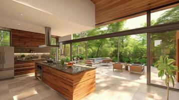 A kitchen with a view of the outdoors photo