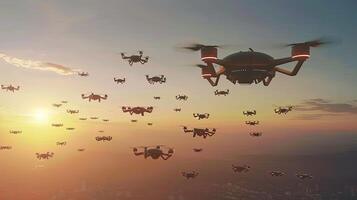 A group of small drones flying in the sky photo