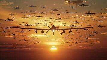 A large group of planes flying in formation photo