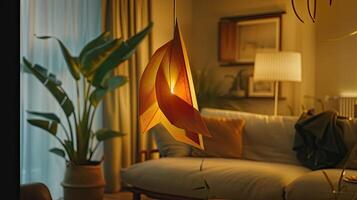 A living room with a couch, lamp and plants photo