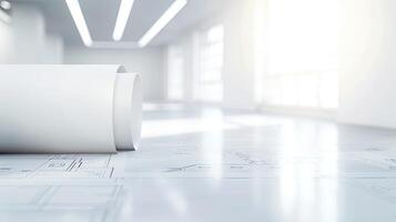 A roll of paper on a table with blueprints photo