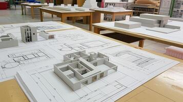 A table with model buildings and blueprints photo