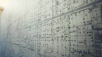A close up of a wall with blueprints on it photo