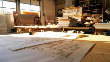 A table with a lot of papers and drawings on it photo