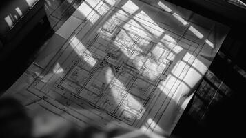 A black and white photo of a drawing on a wall