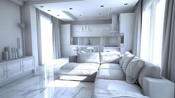 A white living room with a couch and a kitchen photo