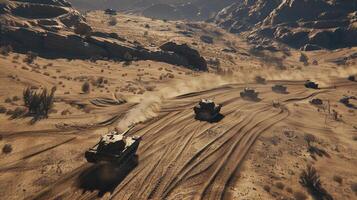 A screenshot of tanks driving through the desert photo
