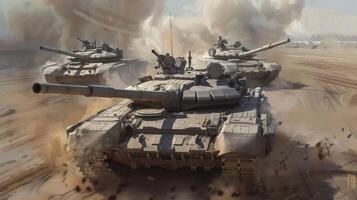 A painting of tanks driving through the desert photo