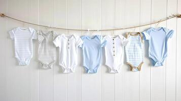 A group of baby clothes hanging on a clothesline photo