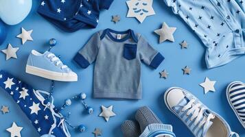 Baby boy's clothes and accessories on a blue background photo
