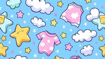 Seamless pattern with baby clothes and stars photo