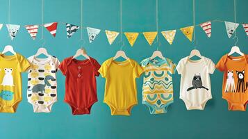 A group of baby clothes hanging on a line photo
