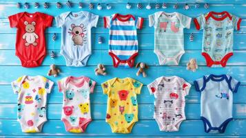 A collection of baby clothes on a blue background photo