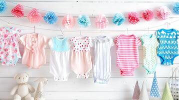 Baby clothes hanging on a clothesline photo