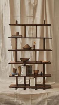 A shelf with books and bowls on it photo