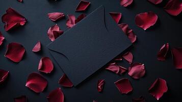 A black envelope surrounded by red petals photo