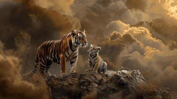 A tiger and cub are standing on a rock photo
