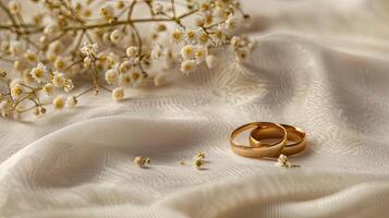 Two wedding rings on a white cloth with flowers photo