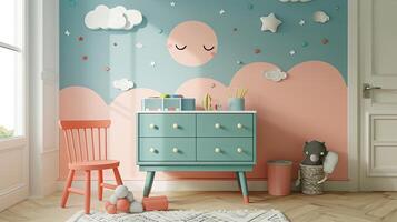 A child's room with a blue and pink wall photo