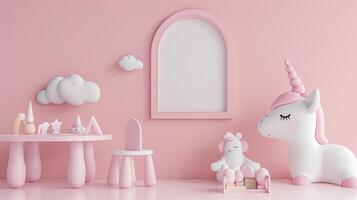 A pink room with a unicorn, a table and a chair photo