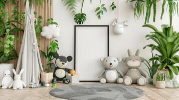 A room with plants and stuffed animals photo