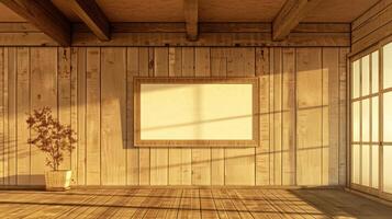 Empty room with wooden walls and a large window photo