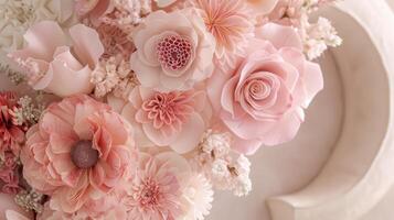 A large bouquet of pink flowers is displayed on a table photo