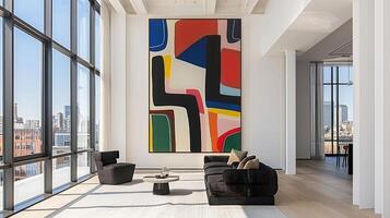 A large painting hangs in the living room of a high rise building photo