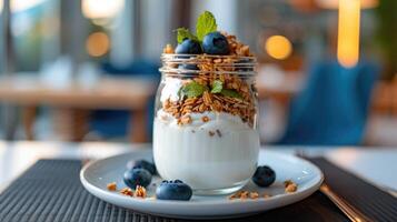 Yogurt with blueberries and granola in a glass jar on a table photo
