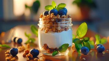Granola and yogurt in a glass jar with blueberries on the table photo