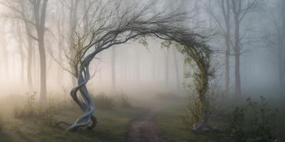 A path through a foggy forest with a tree arch photo