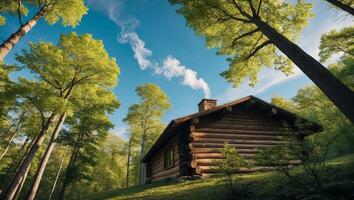 A log cabin in the woods with trees and sky photo