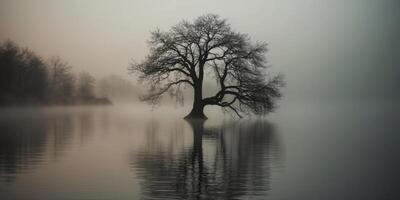 A tree is standing in the water on a foggy day photo