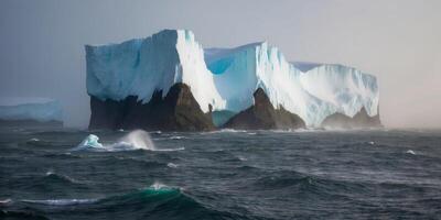 An iceberg in the ocean with waves and a dark sky photo