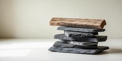 A stack of rocks and a log on a table photo