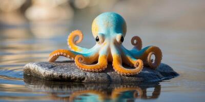 An octopus is sitting on a rock in the water photo