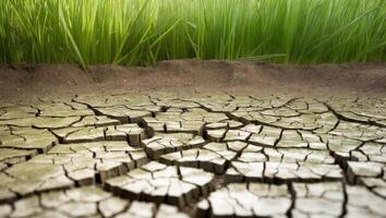 A cracked earth with grass growing in the background photo