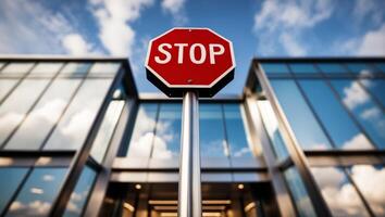 Stop sign in front of a modern building photo