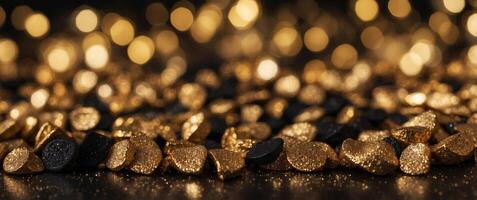 Gold coins on a black background with bokeh photo