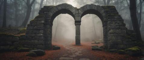 A stone archway in the middle of a forest photo