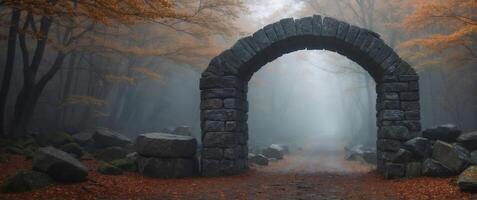 An archway in the foggy forest photo