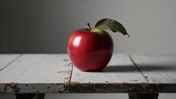 A red apple on a wooden table photo