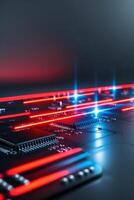 a close up of a circuit board with red and blue lights. photo
