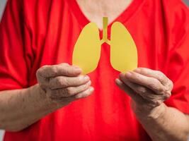 Close-up of hands old woman holding a lungs shape made from yellow paper photo